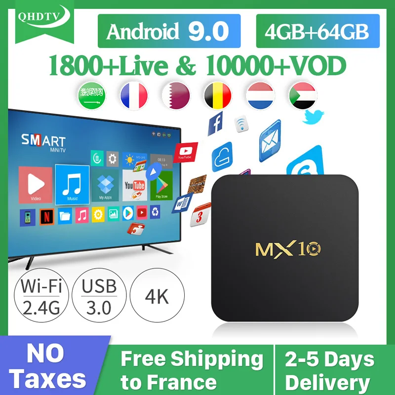 France IPTV Italy Arabic IPTV Subscription 1 Year QHDTV MX10 4+64G Android 9.0 IP TV Netherlands Sweden French Box IPTV Belgium