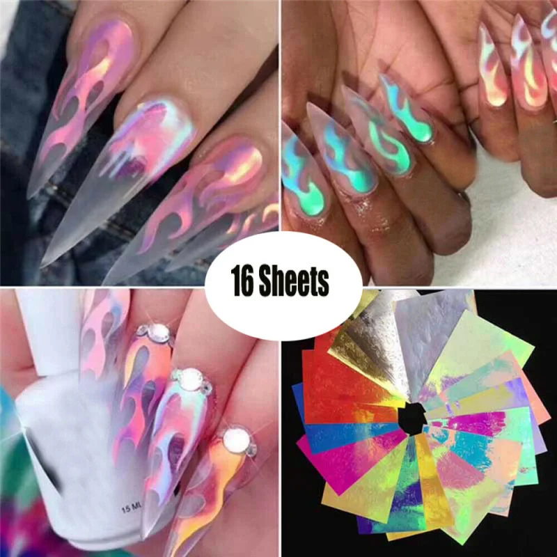

1/16 PCS Holographic Fire Flame Nail Vinyls Stencil Hollow Stickers Fires On Manicure Stencil Stickers Nail Art Decoration