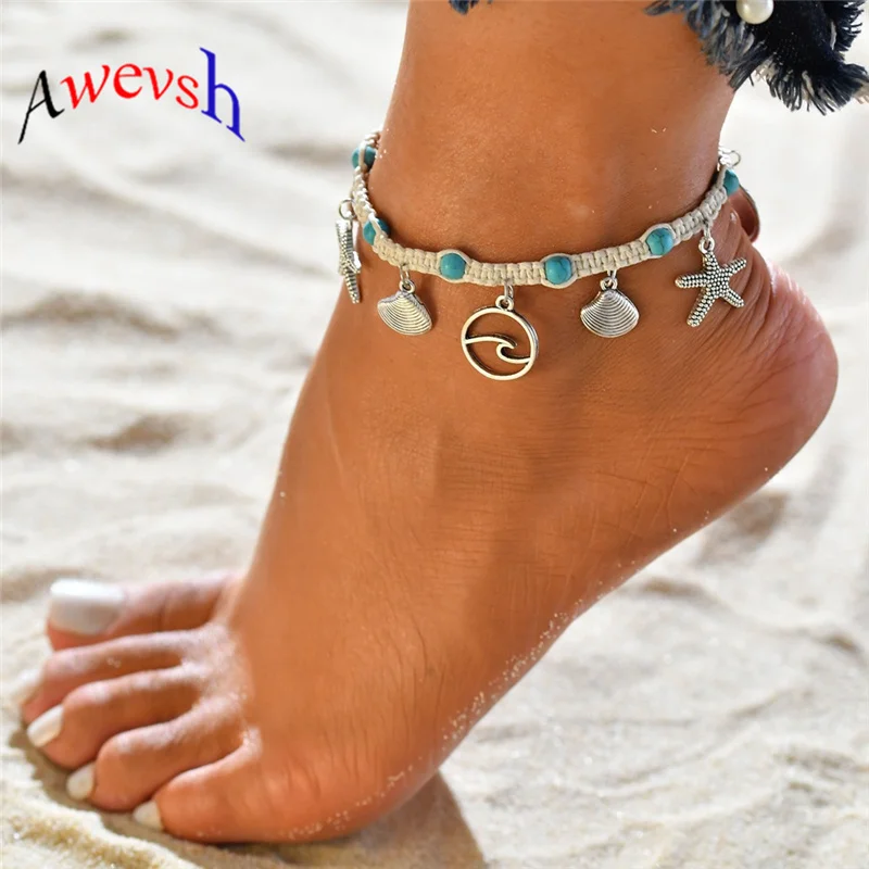 

Awevsh Bohemian Starfish Stone Anklets Set For Women Vintage Handmade Wave Anklet Bracelet on Leg Beach Ocean Jewelry