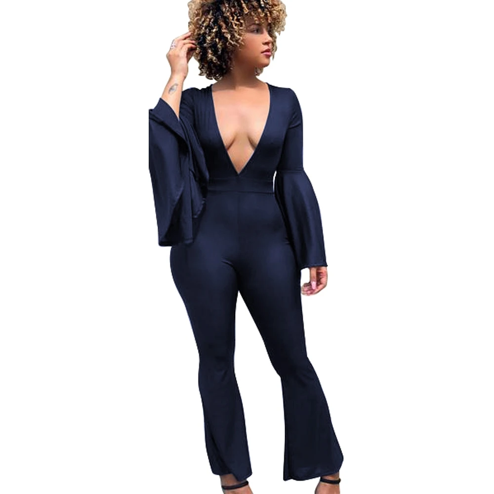 

LOOZYKIT Women Autumn Flare Sleeve Jumpsuit V-Neck Skinny Bodysuit Casual Wide Leg Jumpsuits Sexy Club Rompers Vintage Playsuits