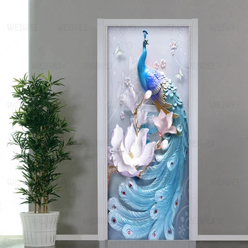 

PVC Self-Adhesive Waterproof Door Sticker 3D Embossed Blue Peacock Photo Wall Mural Living Room Bedroom Home Decor Wallpaper 3 D