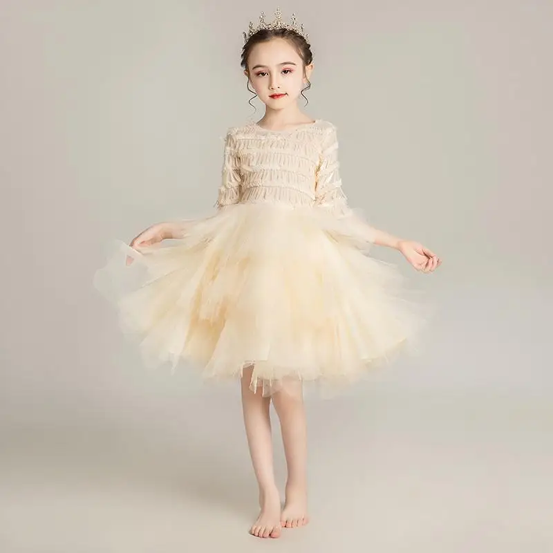 Champagne short Роскошное платье для девочек с блёстками; черные Детские платья с длинным шлейфом; бальное платье принцессы с цветочным рисунком для свадьбы; Детские вечерние платья - Цвет: Champagne short
