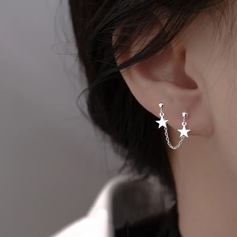 Korean Fashion Little Star Pendant Double Ear Holes Piercing Link Chain Stud Earrings For Women Vintage Tassel Jewelry | Украшения и