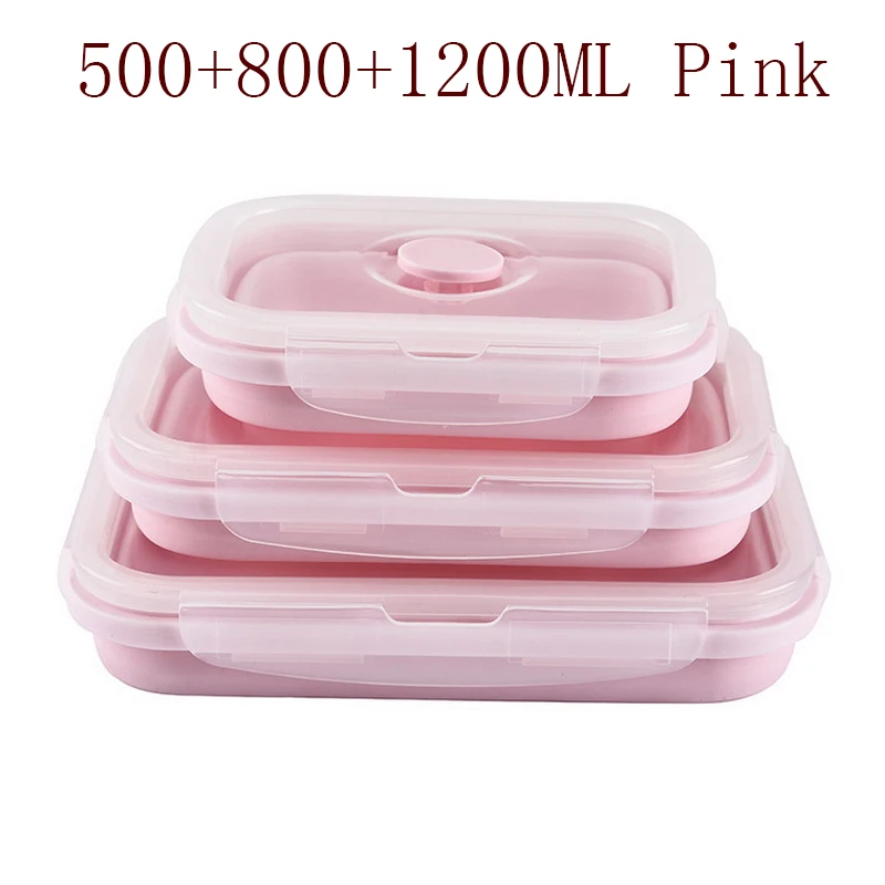 Silicone Collapsible Lunch Box Food Storage Container Bento Microwavable Portable Picnic Outdoor Camping Lunch Box - Цвет: 500 800 1200 pink