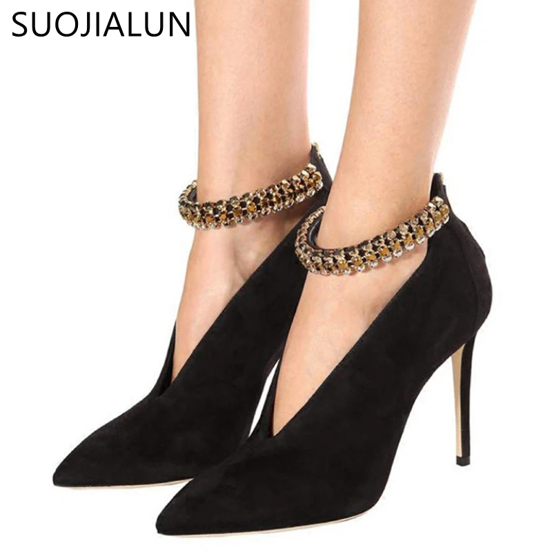 

SUOJIALUN Women Pump 9CM High Heels Shoes 2020 Fashion Brand design Rhinestone Sandal Flock Point Toe Party Thin Heel Dress Pum