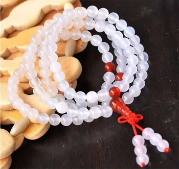 

Natural white agate 108 Buddha beads hand string men and women multi-circle three-way white jade myelin agate bracelet ice perme