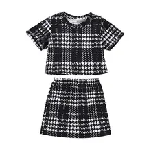 Комплект одежды из 2 предметов для новорожденных девочек клетчатые Короткие топы с короткими рукавами+ платье
