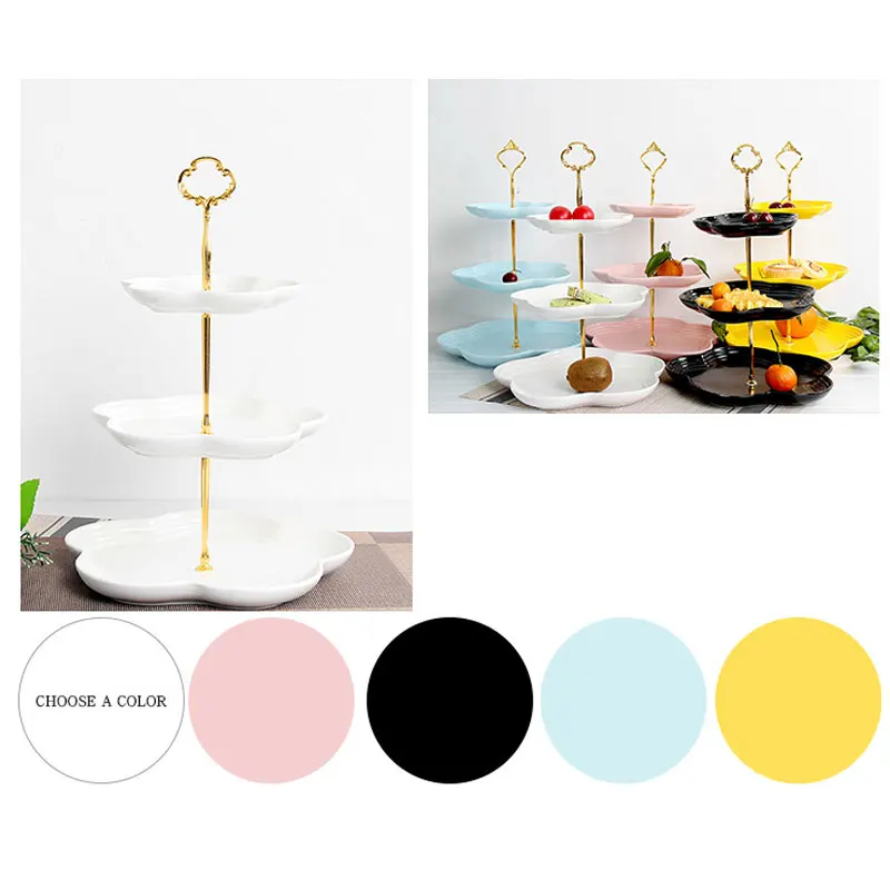 Three-layer ceramic cake stand creative fruit tray snack stand three-layer matte white gold round Weddings Party Di 1PC