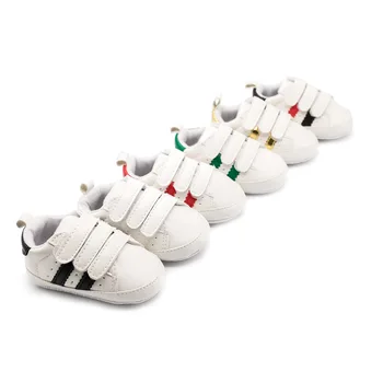 

New Baby Shoes Newborn Boys Girls Two Striped First Walkers Kids Toddlers Lace Up PU Leather Soft Soles Sneakers