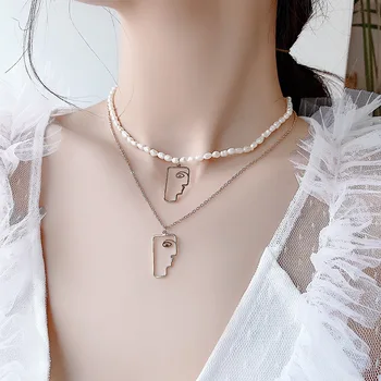 

Retro INS Normcore Style Face Necklace Elegant Natural Freshwater Pearls Choker Layered Necklace Pendant Ornament
