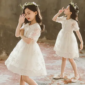 

Baby Girl Floral Lace Princess Dress Wedding White Gown Dress Girls Turn Down Collar Korean Clothes For Kids Party Wear Costume