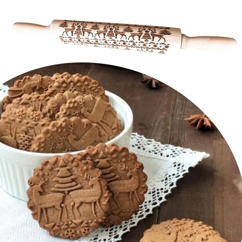 

Christmas Deer Wooden Rolling Pin Embossing Baking Cookies Noodle Biscuit Fondant Cake Dough Patterned Roller Snowflake