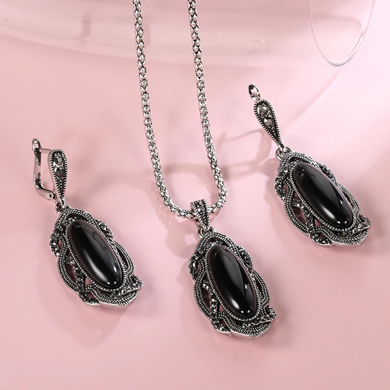 Wbmqda Bohemian Big Opal Stone Earrings Necklace Boho Jewelry Sets Vintage Tibetan Silver Black Crystal Earrings for Women jewelry sets jewelry set women earrings chain necklace
