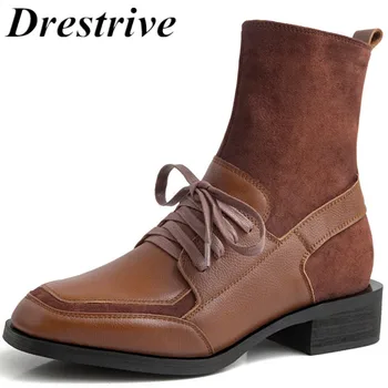 

Drestrive Women Ankle Boots Genuine Leather Zipper Non Slip Ladies Winter Shoes Lace Up Low Heel Cow Leather Autumn Size 42