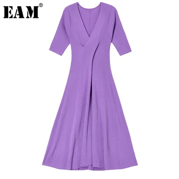 

[EAM] Women Multicolor Purple Brief Long Knitting Dress New V-Neck Half Sleeve Loose Fit Fashion Tide Spring Autumn 2020 1T021