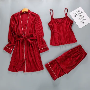 

3PCS Pajamas Suit Red Sleepwear Pijamas Set Soft Autumn Velour Nightwear Home Clothing Negligee Women Sexy Lounge Homewear