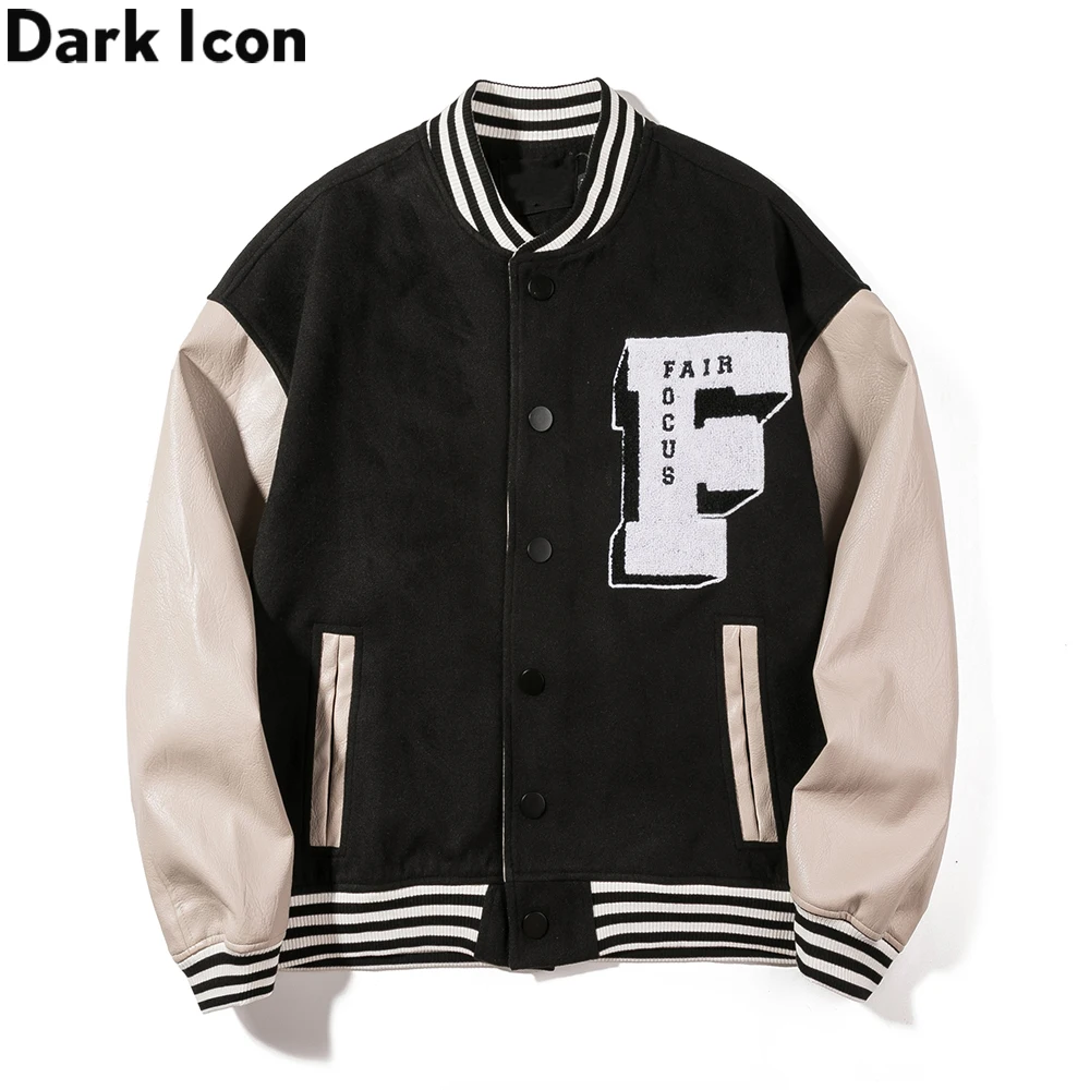 Dark Icon Embroidery Baseball Jacket Men Leather Patchwork High Street Men's Jackets Black Green