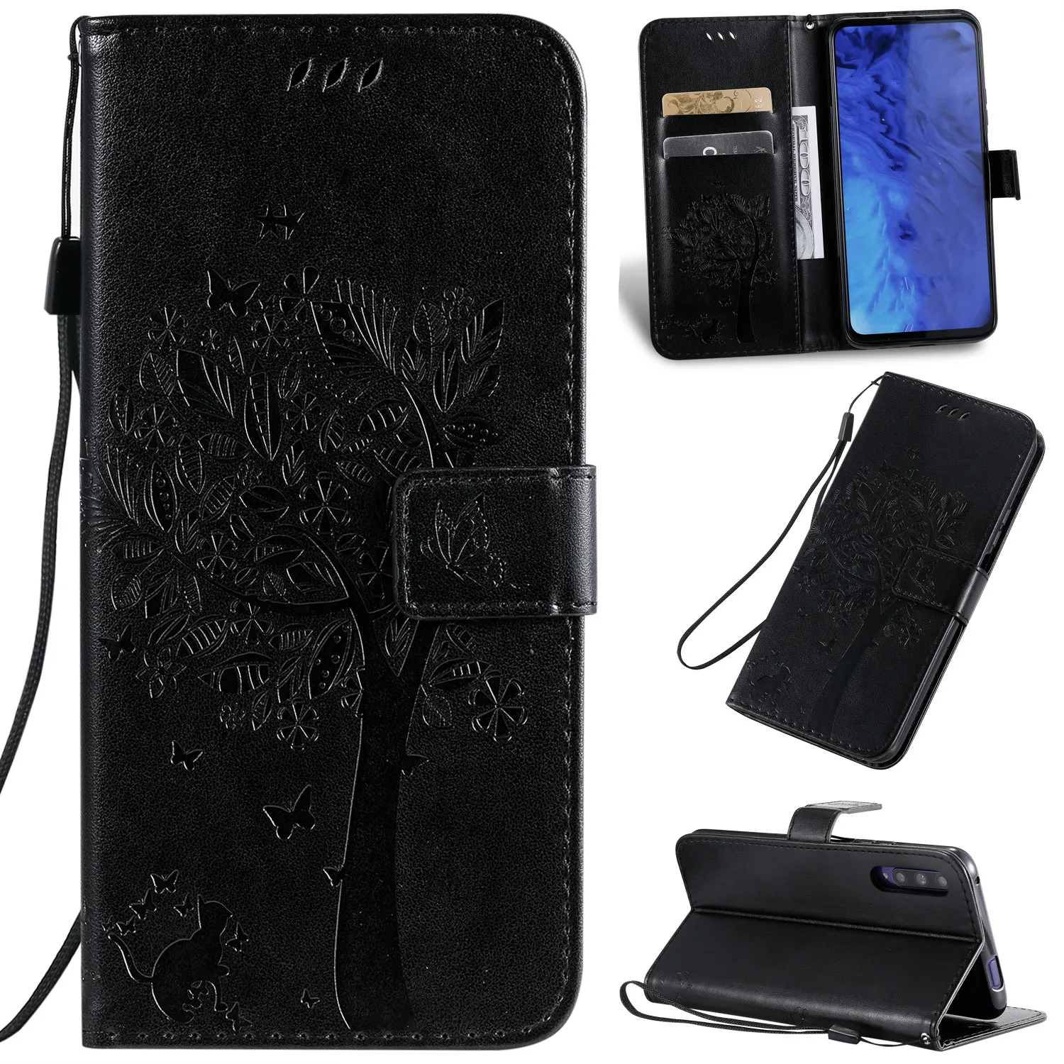Кожаный чехол для телефона OPPO A1K C2 Reno Z 10x zoom wallet case 3D Кот дерево тисненый флип |