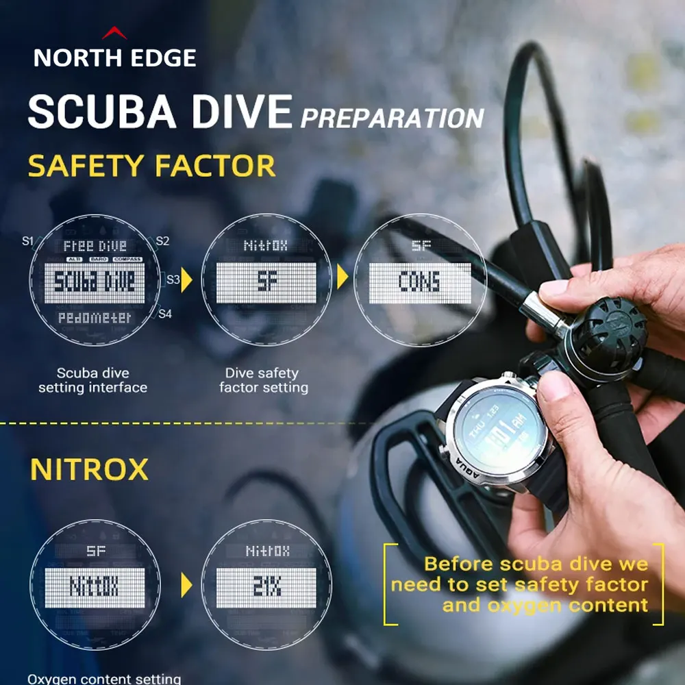NORTH EDGE Men's Professional Diving Computer Watch Scuba Diving NDL 100m Waterproof Dive Watches Altimeter Barometer Compass
