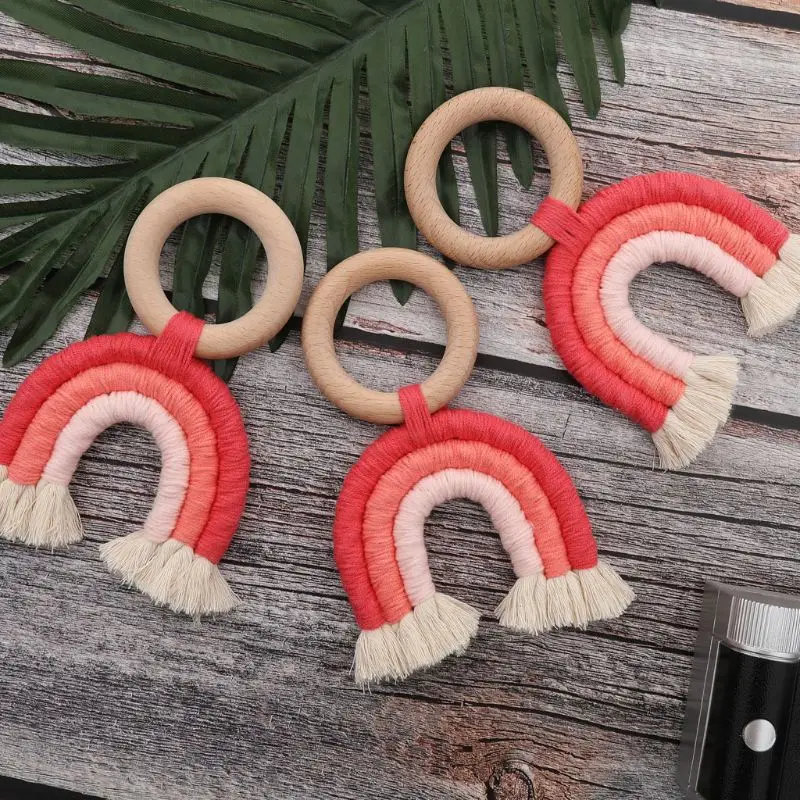 

Rainbow Tassel Macrame Wooden Boho Baby Teether Cotton Cord Wood Teething Toy Shower Gift