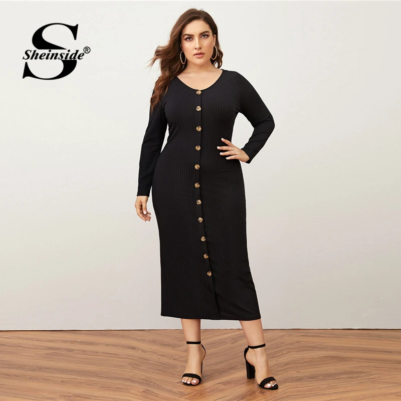 Najtaniej Sheinside Plus Size głęboki dekolt w szpic sukienka ołówkowa kobiet 2019 jesień latarnia rękaw stałe sukienki midi pań Burgundy popędzający sukienka