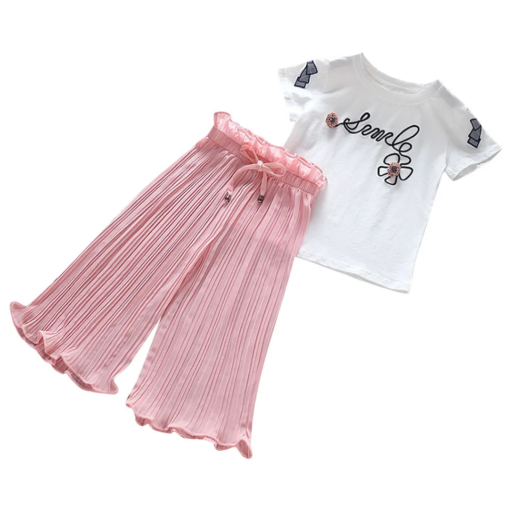 Одежда для маленьких девочек милая детская модная футболка с буквенным принтом для маленьких девочек топы+ мягкие свободные штаны с оборками, костюмы костюм для маленьких девочек