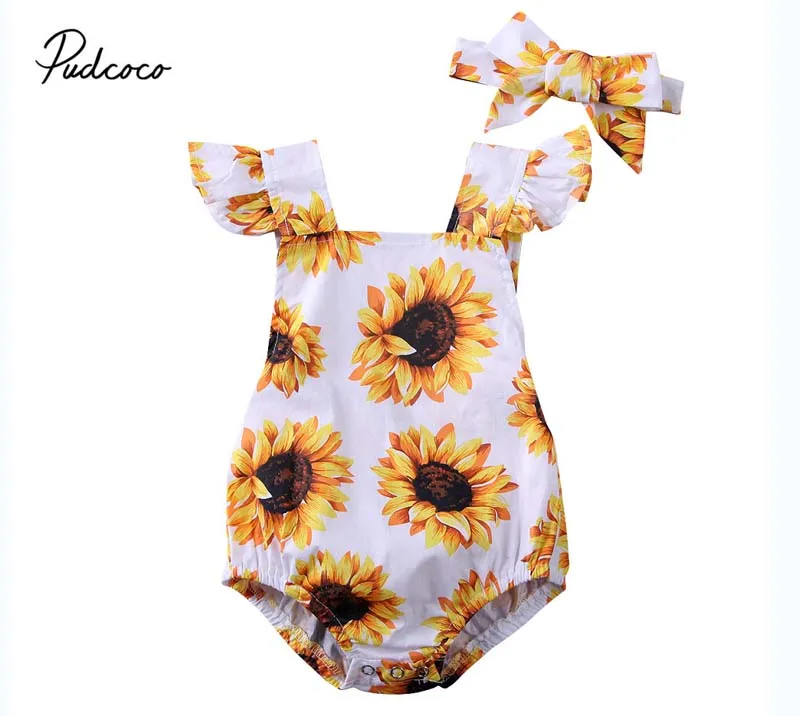 

2020 Sunflower Infant Bodysuit Summer Newborn Baby Girls Clothes Sleeveless Fly Sleeve Jumpsuit Headband Outfit Cute Playsuit