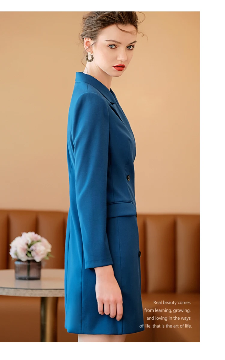 Peacock Blue Dress Suit Women OL Style Business Formal Work Wear Office Ladies Clothing Double Breasted Slim Long Sleeve Dresses