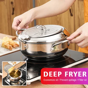 

Home Cooking Tools Multifunctional Deep Fryer With Lid Fried Chicken Oil Cylinder Kitchen Tempura Pot Temperature Control