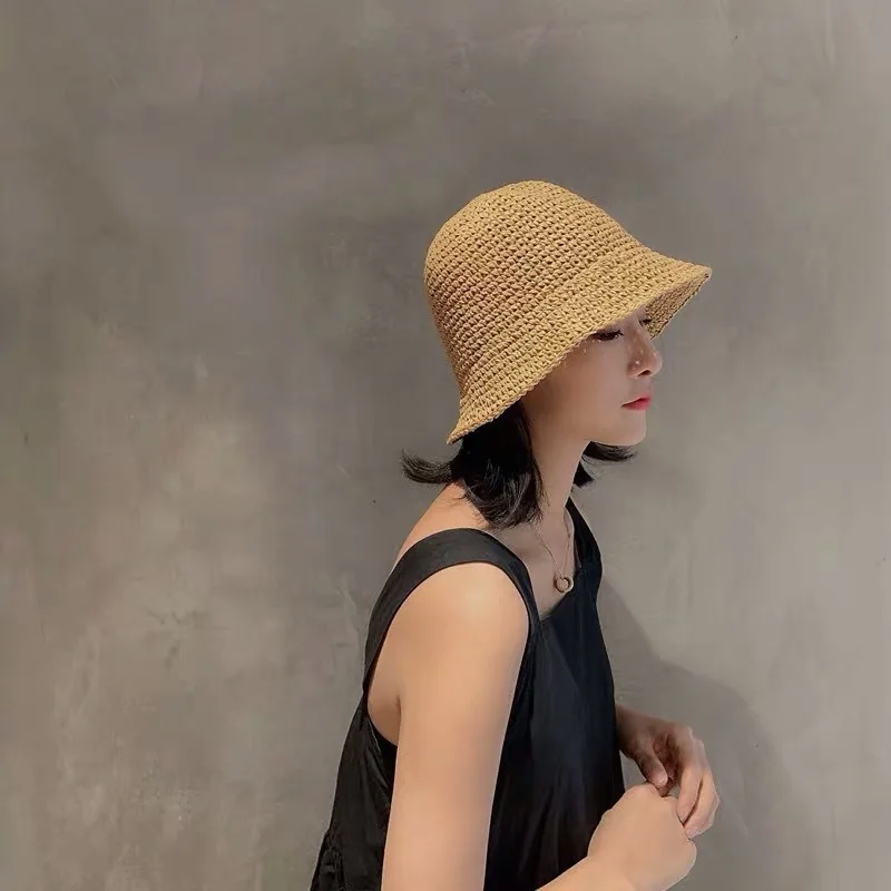 

Foldable Hand-woven Retro Hat Female Summer Straw Short Brim Bucket Hat Fashion Seaside Sun-resistant Beach Topee
