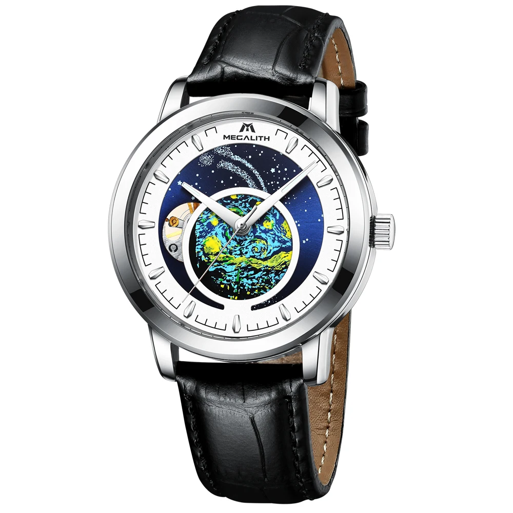 leather silver Relogio Masculino MEGALITH Мужские кварцевые часы Топ люксовый бренд автоматические механические часы Звездное небо водонепроницаемые часы для мужчин - Цвет: leather silver