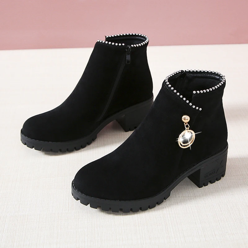 Autumn Winter Warm Women Ankle Boots Square High Heels Leather Boots Pointed Martin Boots Casual Pumps