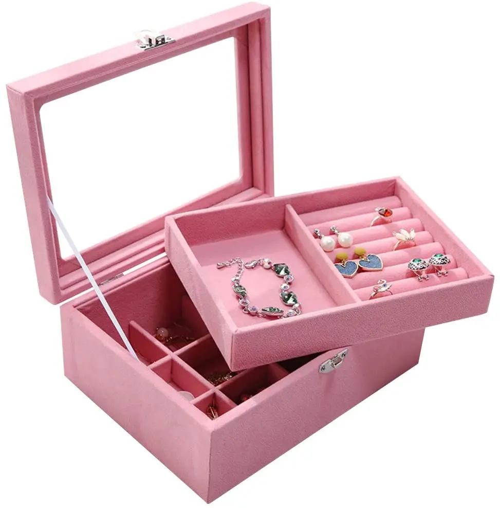 

Шкатулка для украшений, органайзер с 2 ящиками, бархатный стеклянный держатель для ювелирных изделий, чехол для хранения, серьги, кольца, ожерелье, браслет