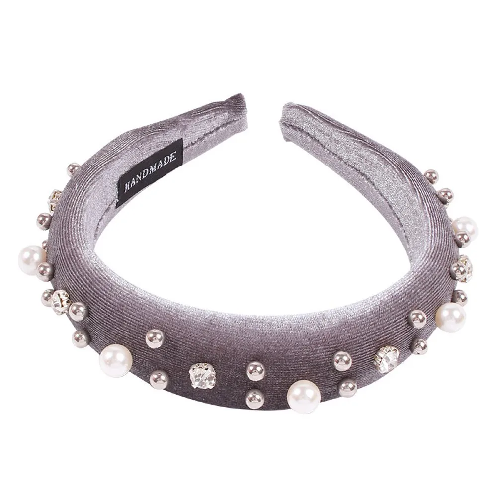 Thick Sponge Velvet Hairbands Pearl Crystal Headbands For Women Girls Head Bands Headwear Fashion Hair Bands Accessories - Цвет: Серый