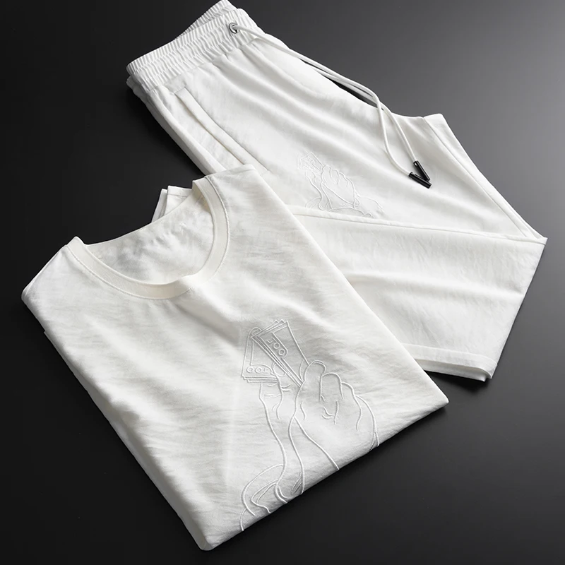 

Summer Thin Mens (t-shirt+pants) Luxury Embroidery Short Sleeve Men Plus Size 4xl White Man Sets With Pants