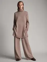 Costume de luxe deux pièces, 45% cachemire + 30% laine, col roulé, chaud, vison cachemire + jambes larges, pantalon en laine, F688
