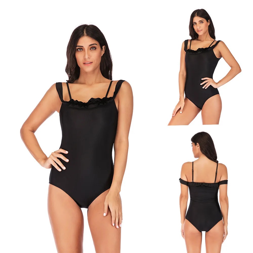 

2019 New Style Large Size Solid Color One-piece Swimwear off-Shoulder Sexy Triangle Bikini Sweat Absorbing Breathable Beach Swim