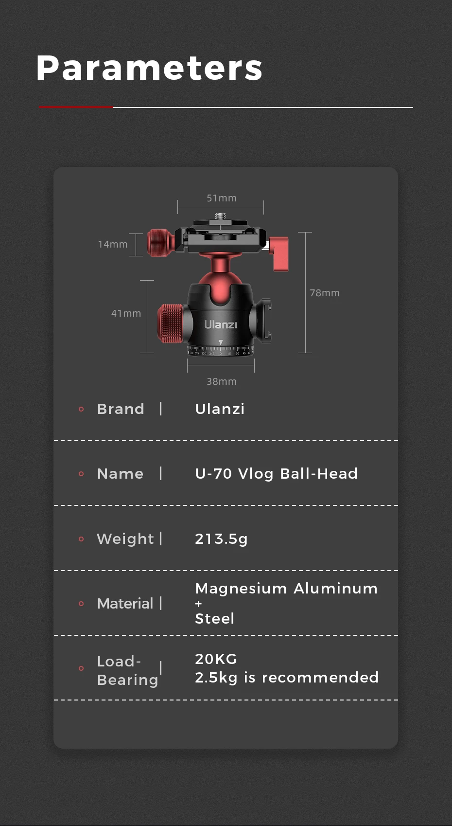 U-70 Metal Mini Ballhead Pan Cold Shoe Double Panoramic Tripod Head for DSLR Cam