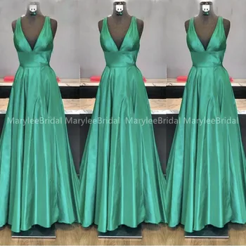 

Deep V-neck Emerald Prom Dress A-line Stretch Satin Women Formal Party Dress 2020 New Simple Evening Gowns vestidos de gala