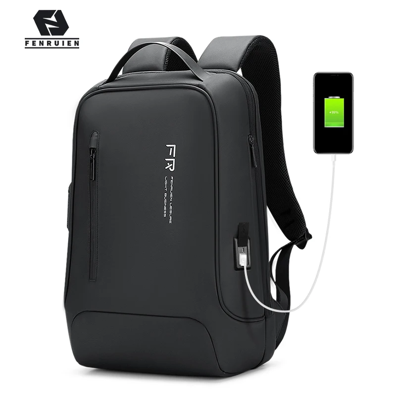 Fenruien Fashion Backpack 15.6 Inch Notebook Backpack Black for Men USB  Charging Business Travel Backpack Waterproof Anti-Theft