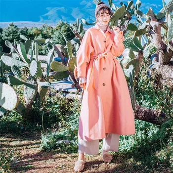 

High Quality Explosions Leisure trench dress Women fall lantern sleeve split cute dress pink midi sweet dress