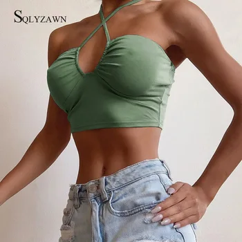 

Solid Off Shoulder Strapless Halter Tops Women Summer Deep V Neck Cross Lace Up Tank Top Ladies Knit Slim Bust Bralette Crop Top