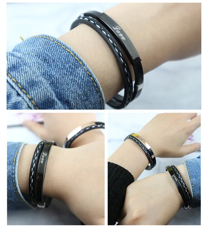 Модные ювелирные изделия Плетеный черный кожаный браслет персонализированные любовь ID тег браслет из нержавеющей стали магнитные застежки мужские наручные подарок
