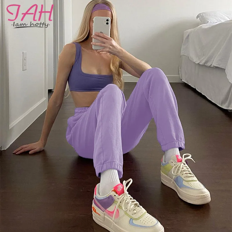 

IAMHOTTY Letter Print Elastic Waist Joggers Women Purple Solid Basic High Waist Sweatpants Women Casual Korean Cargo Pants Femme