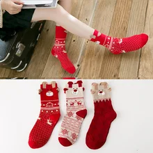 1 пара, зимние женские носки, теплые шерстяные рождественские носки до середины икры, шерстяные, снежинки, олени, удобный подарок, милые носки для девочек
