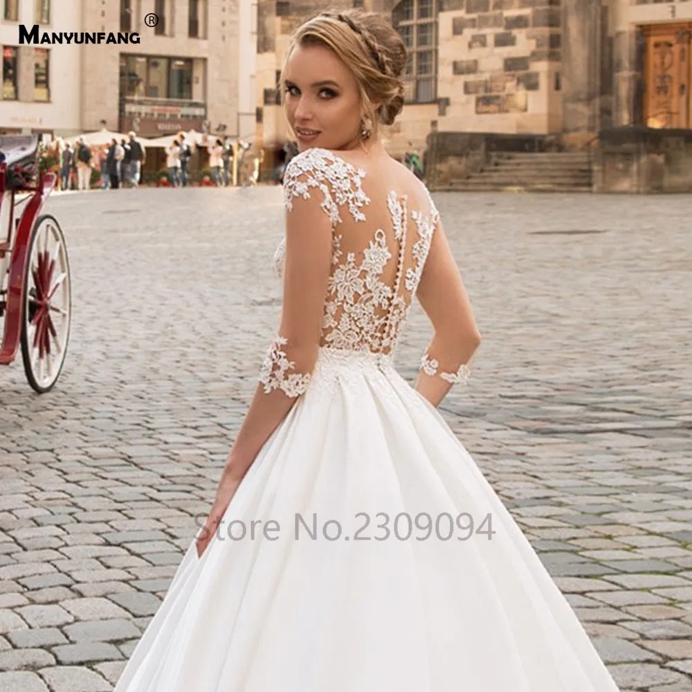 MANYUNFANG Иллюзия Половина рукава атласная юбка Brautkleid невесты пляжное платье высокое качество вышивка кружева для женщин Свадебные платья