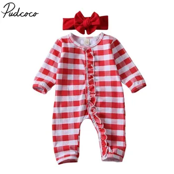 

.0-18M Plaid Romper Newborn Infant Baby Boy Girl Christmas Ruffles Long Sleeve Romper Kids O-neck Jumper + Headband Clothes