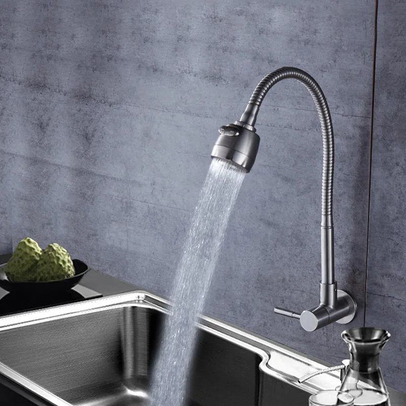 

Wall Mounted Spring Kitchen Faucet Pull Down Sprayer Dual Spout Single Cold Water Mixer Sink Faucet 360 Rotation Kitchen Faucets