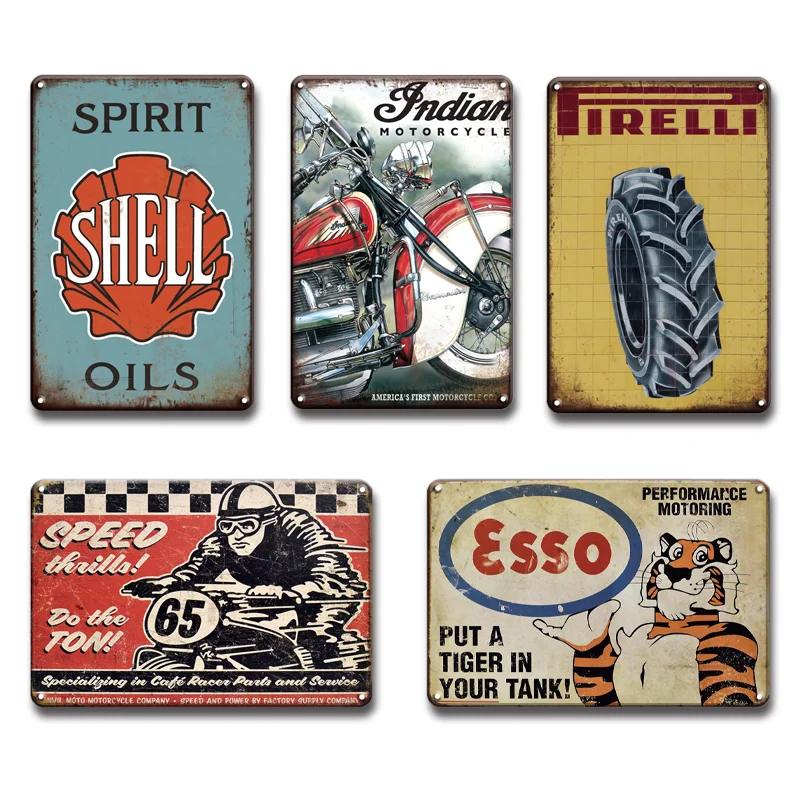 

Vintage Ford Esso Oil Metal Poster Tin Signs Retro Chevrolet BSA Guif Good Year Metal Sign Chic Garage Man Cave Home Wall Decor