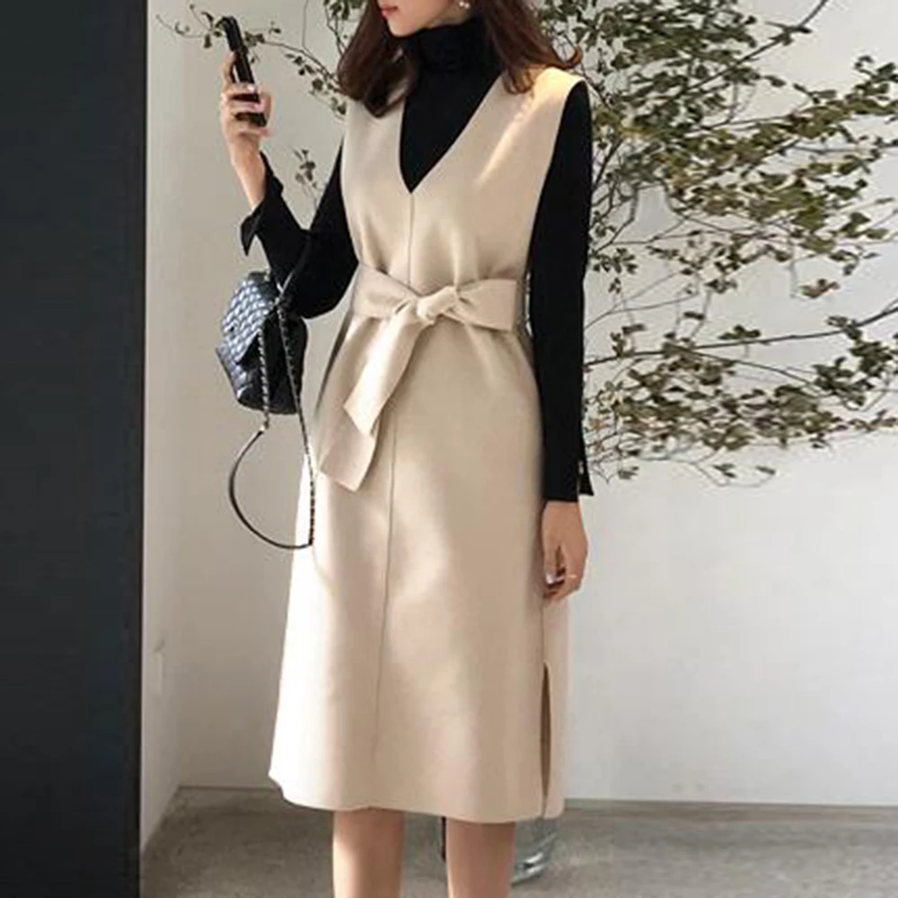 

Korean Solid Strap Dress Women for Fall and Spring V-Neck Belted Solid Beige Split Boho Knitted Sweater Long Dresses Retro Basic